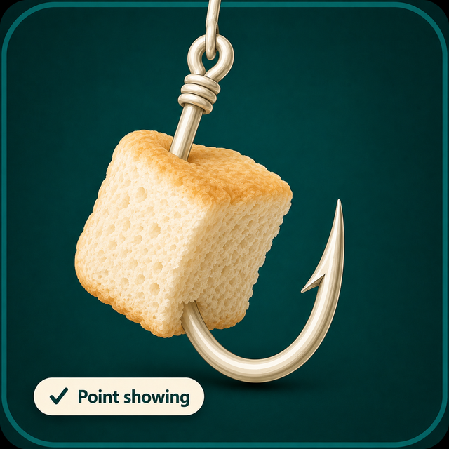 Bread bait presented on a fishing hook with the point showing