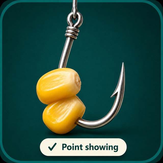 Sweetcorn bait presented on a fishing hook with the point showing