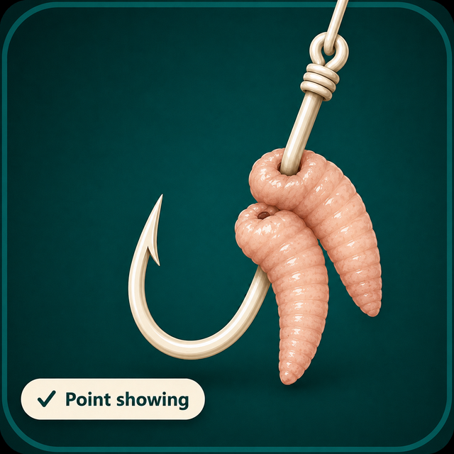 Maggot bait presented on a fishing hook with the point showing