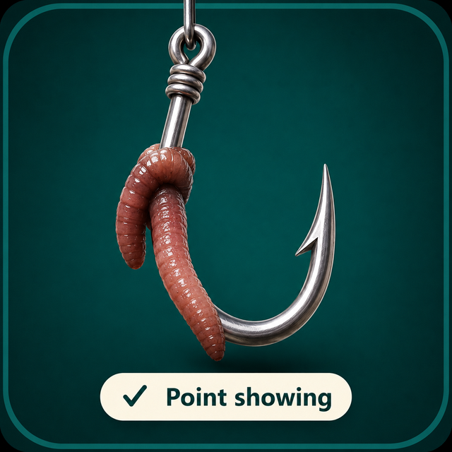Worm bait presented on a fishing hook with the point showing